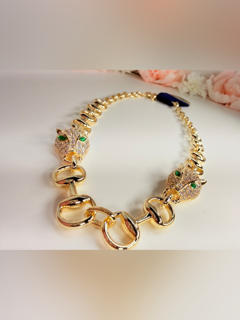 14k gold plated Horse bit Necklace with Panther with Green Eyes (premium quality